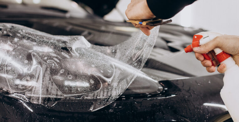 Male worker wrapping car with ptotective foil